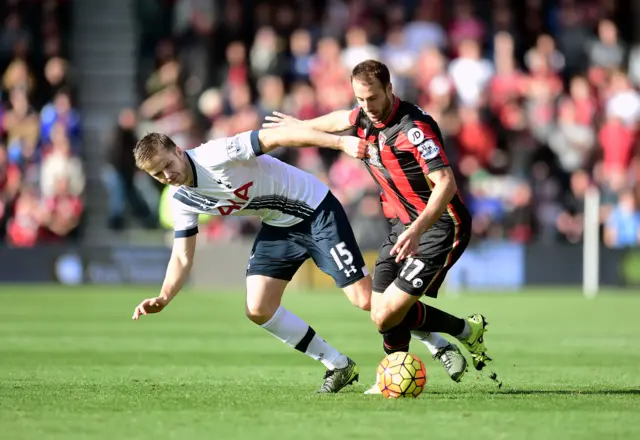 Eric Dier and Glenn Murray battle for the ball