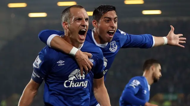 Everton's Leon Osman celebrates a goal