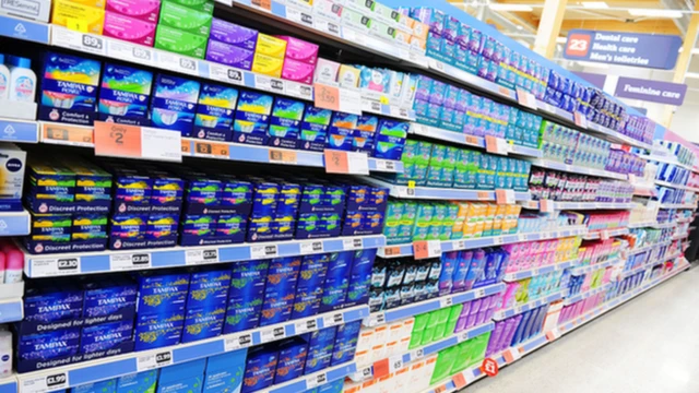 Sanitary product aisle in supermarket