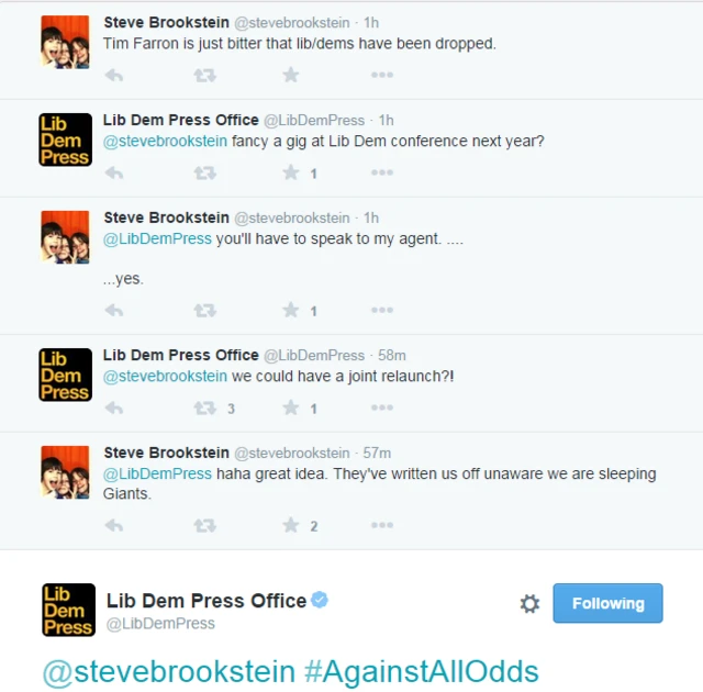 Tweets between Lib Dem press and Steve Brookstein