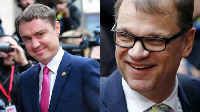 Estonian Prime Minister Taavi Roivas (L) and Finnish Prime Minister Juha Sipila