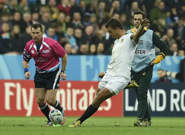 South Africa's Handre Pollard kicks a penalty