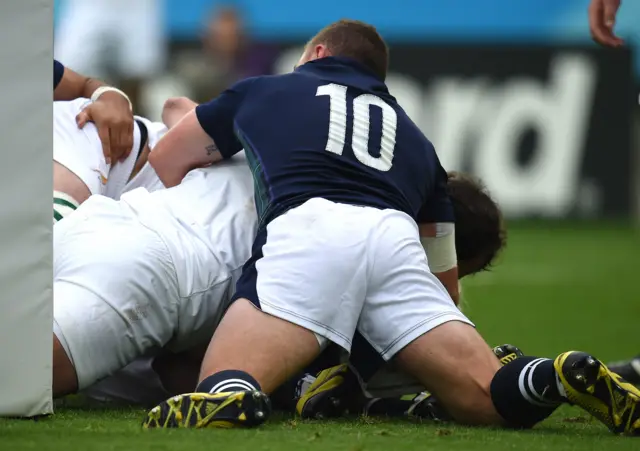 Scotland's Duncan Weir can't stop Bismarck Du Plessis scoring for South Africa