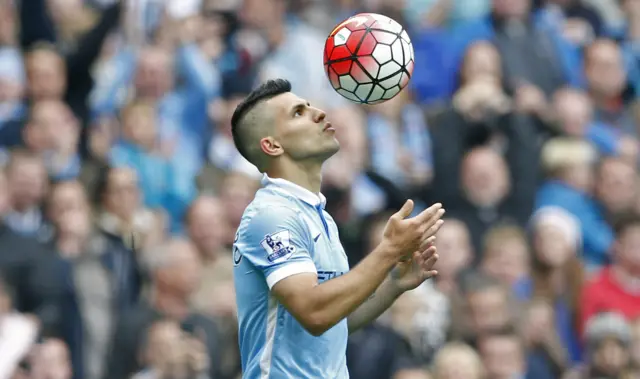 Aguero celebrates scoring a hattrick