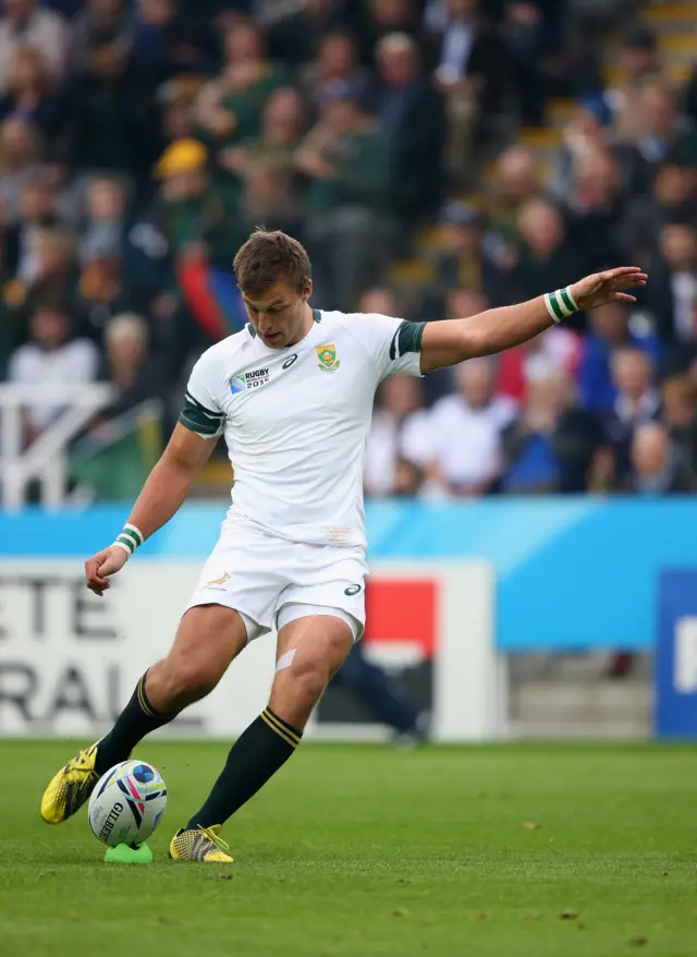 South Africa's Handre Pollard kicks a penalty