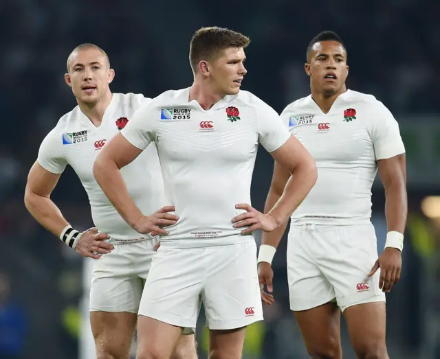 Mike Brown, Owen Farrell and Anthony Watson