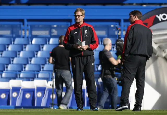 Jurgen Klopp inspects the pitch at Stamford Bridge