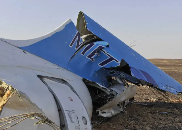 Prime Minister"s office shows the tail of a Metrojet plane that crashed in Hassana Egypt, on 31 October 2015