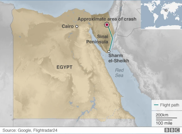 Map of the location of the crash site in the Sinai Peninsula, Egypt