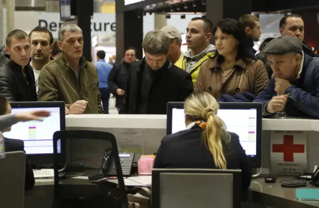 Relatives waiting for information at St Petersburg airport in Russia, Saturday 31 October 2015