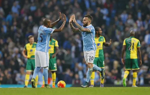 Nicolas Otamendi, right, celebrates with Fernandinho