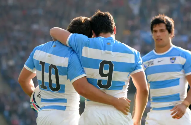 Nicolas Sanchez and Martin Landajo celebrate