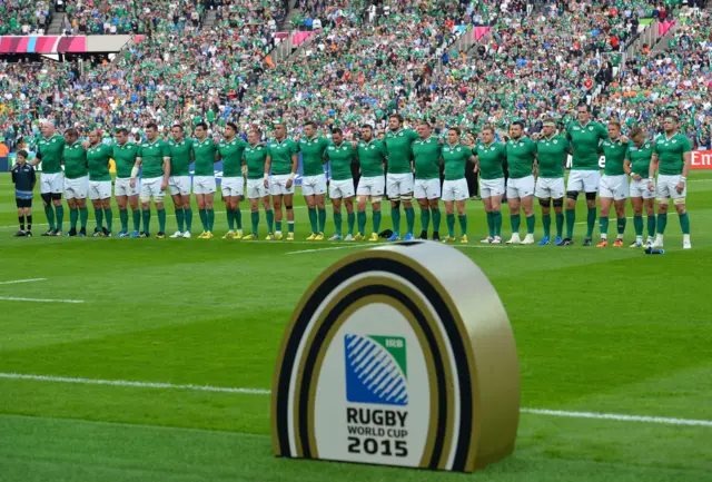 The Ireland team during the national anthem