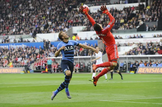 Harry Kane fouls Lukasz Fabianski