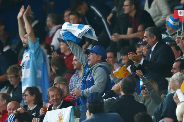 Diego Maradona celebrates an Argentina try