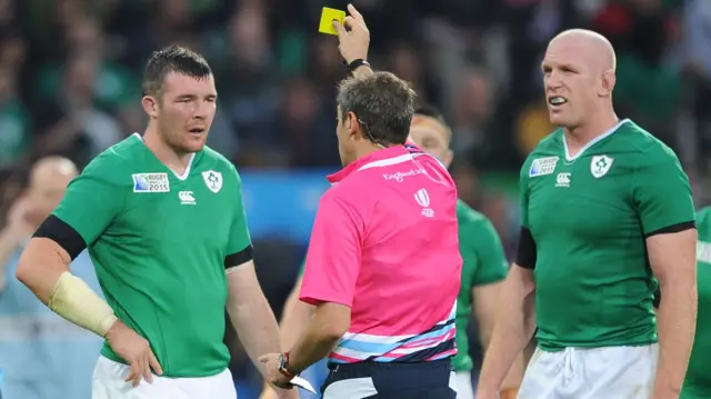 Peter O'Mahony is shown a yellow card