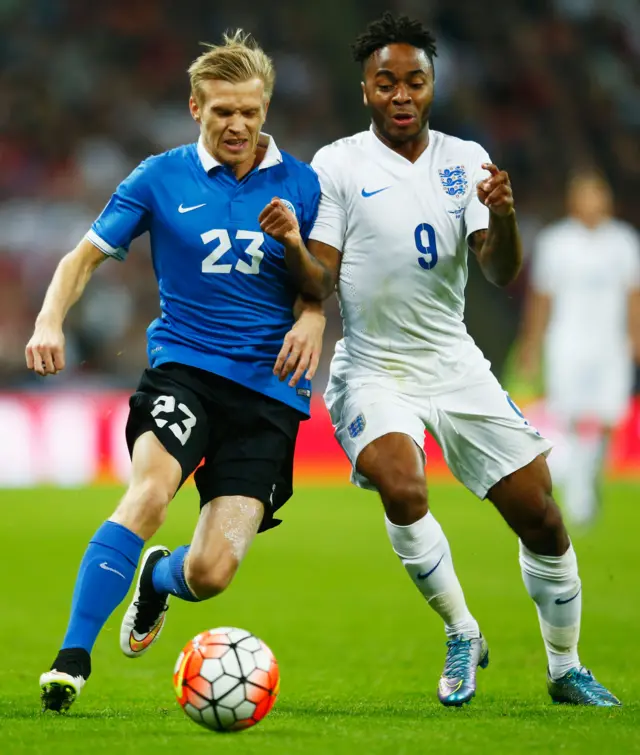 Raheem Sterling battles with Teniste for the ball