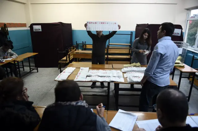 Electoral officers count ballots during the process of vote counting at a polling station in Istanbul, on 1 November 2015, on legislative election day.