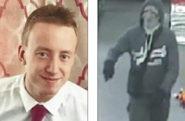 Petrol station worker Martin Pitchford and, right, a CCTV image of the armed raider