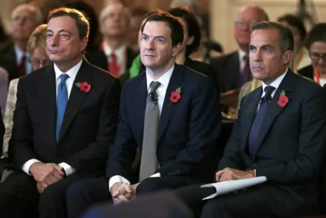 George Osborne (centre) and Mark Carney (right)