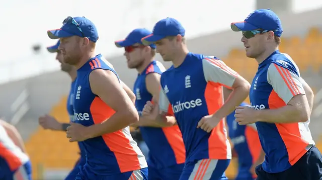 Eoin Morgan leads the England team in training