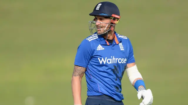 Alex Hales walks after his wicket