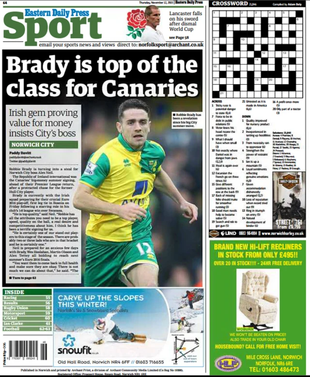 The back page of today's Eastern Daily Press