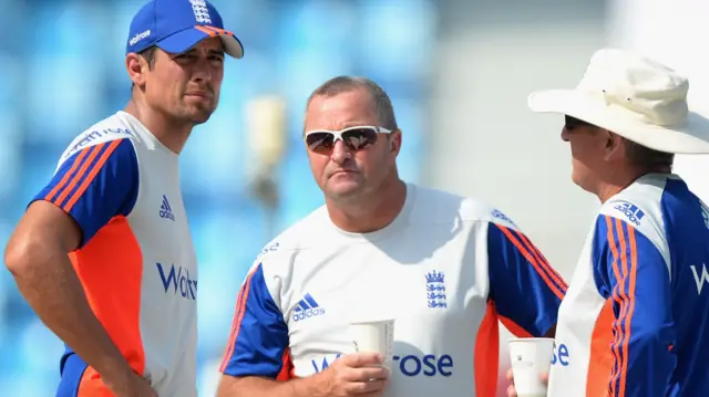 Paul Farbrace (centre) with Alistair Cook and Trevor Bayliss