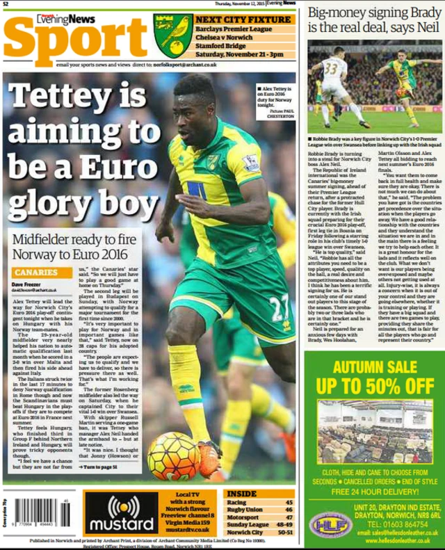 The back page of today's Norwich Evening News