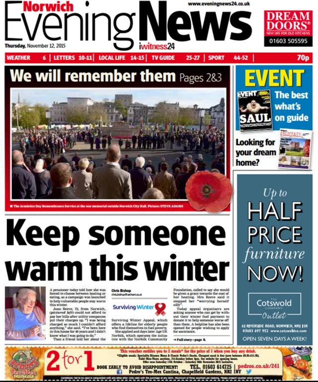 The front page of today's Norwich Evening News