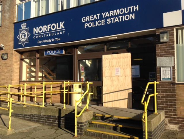 Boarded- up entrance to Great Yarmouth police station