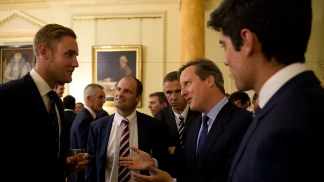 Andrew Strauss and Stuart Broad and Alastair Cook chatting with PM David Cameron