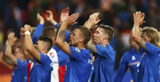 Iceland's players celebrate beating the Netherlands