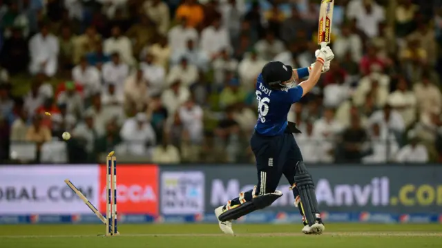 Joe Root of England is bowled out