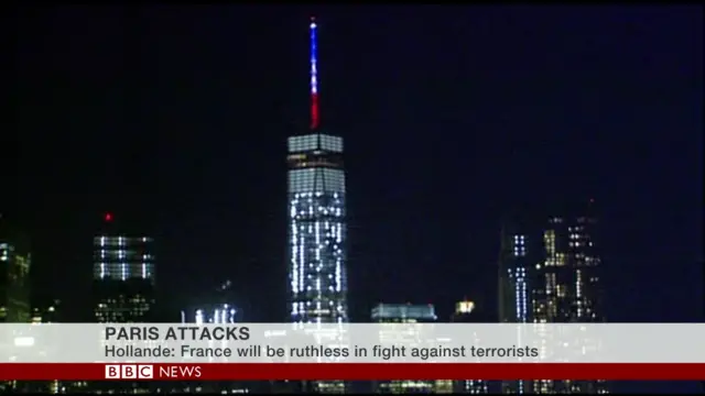 One World Trade lit up with colours of French flag