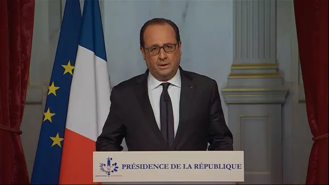 This image taken from the French television pool shows French President, Francois Hollande making an emergency broadcast Friday evening