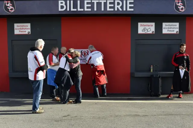 Supports outside a rugby stadium in Oyonnax, central France