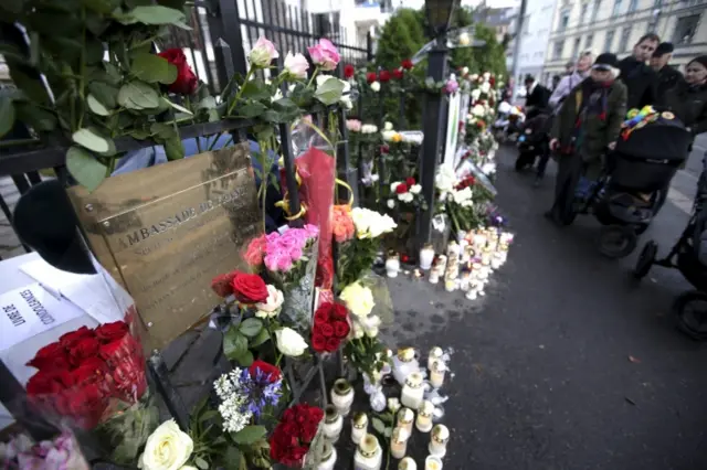 Flowers outside the French ambassador's residence in Oslo