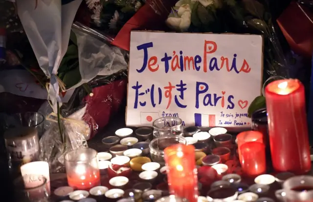 A candlelit memorial at the Bataclan in Paris