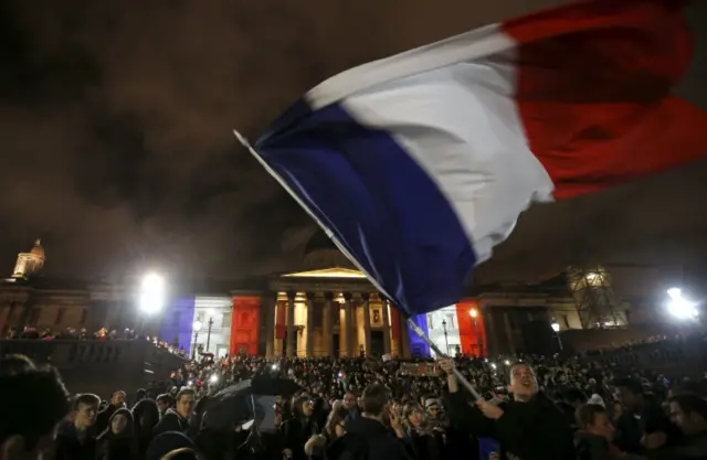 A vigil is held in Trafalgar Square following the Paris attacks