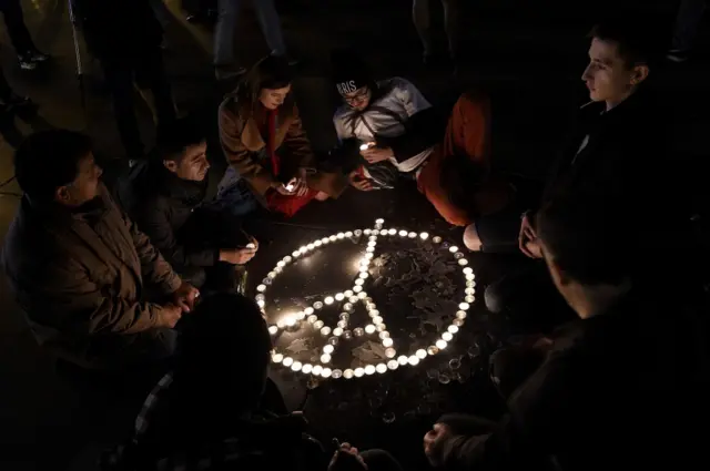 A candlelit memorial at the Place de la Republique in Paris