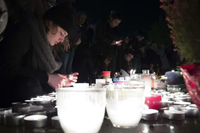 A candlelit memorial at the Place de la Republique in Paris