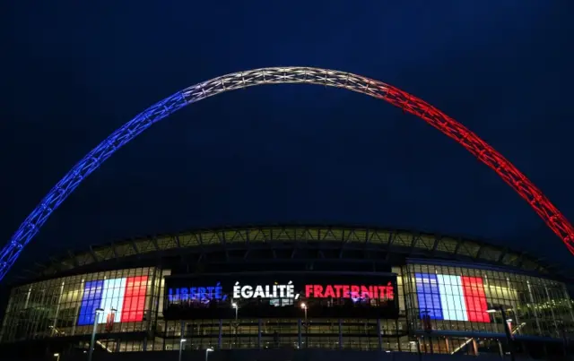 Wembley stadium is lit up in the French Tricolore in remembrance of the victims of Friday's attacks in Paris (16 November 2015)