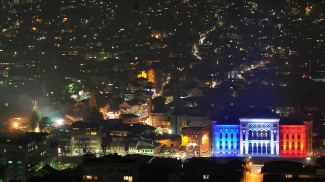 Sarajevo city hall lit up in the colours of the French flag (15 Nov 2015)