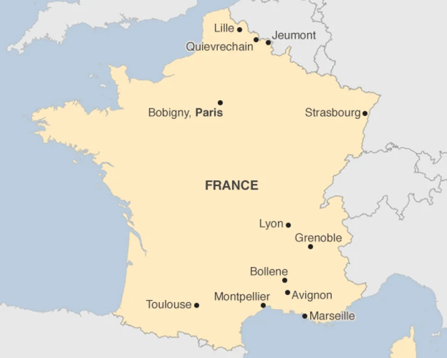 Map of locations of French raids