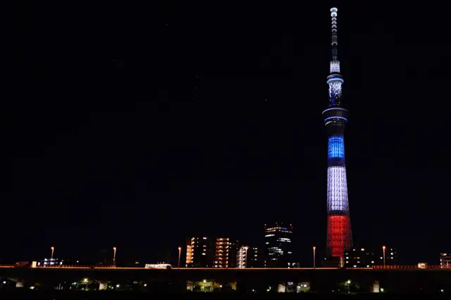 Tokyo Skytree illuminated in the colours of the French flag