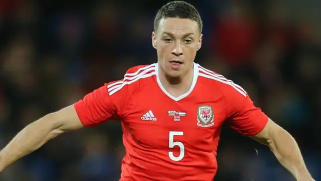 James Chester playing for Wales against Netherlands