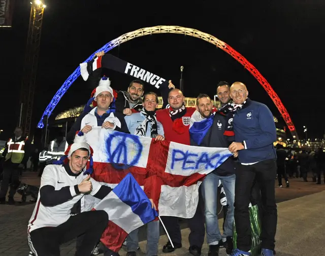 French and English fans together outside Wembley Stadium ahead of international friendly match in London. 17 November 2015