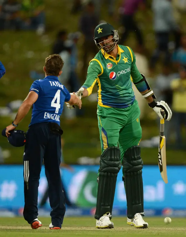 Mohammad Irfan of Pakistan shakes hands with James Taylor of England after the 2nd One Day International