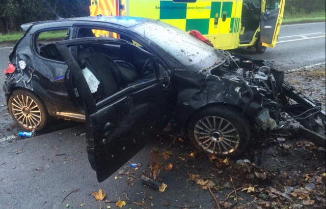 Crashed car at Yaxley